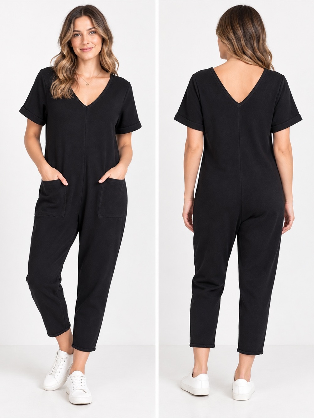 Smash & Tess Black V-Neck Short Sleeve Jumpsuit Size S Loungewear Travel